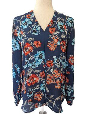 Violet + Claire Red Blue Floral V-neck Blouse